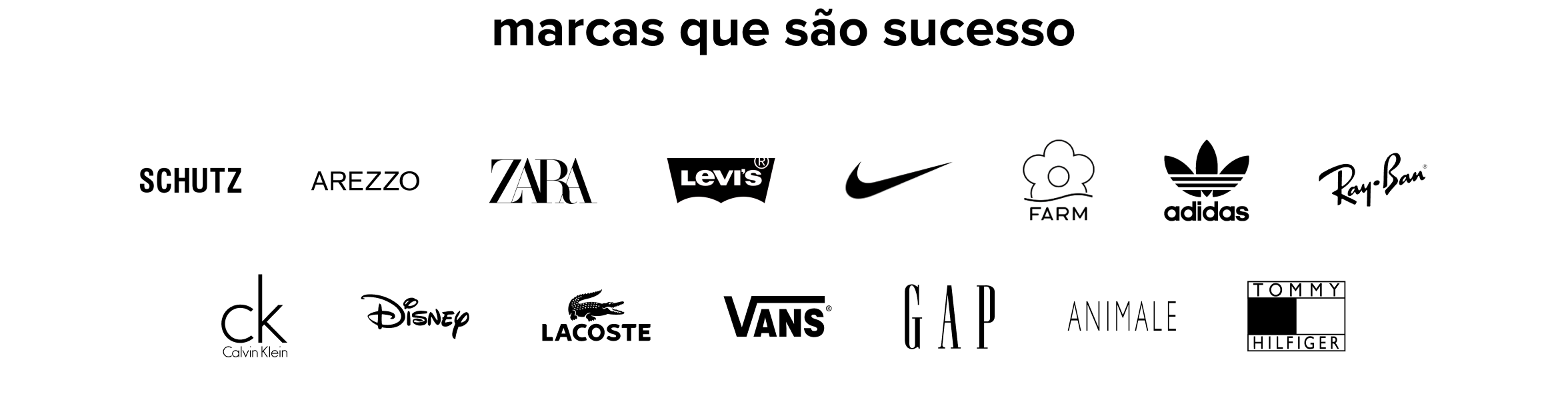 no topo da imagem, lê-se “marcas que são sucesso”. abaixo, há os logos das seguintes marcas: schutz, arezzo, zara, levi’s, nike, farm, adidas, ray-ban, calvin klein, disney, lacosta, vans, gap, animale e tommy hilfiger.