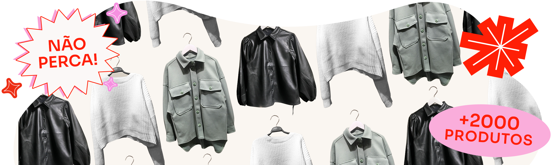 em fundo branco, há uma colagem de fotos de diferentes peças de roupa de frio nas cores branca, preta e cinza. sobre a imagem, dois selos, no primeiro está escrito “não perca” e no segundo “mais de 2000 produtos”.