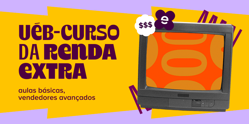 do lado esquerdo da imagem, lemos o texto: uéb-curso da renda extra, aulas básicas, vendedores avançados. do lado direiro da imagem, uma televisão de tubo mostrando uma peça de roupa.