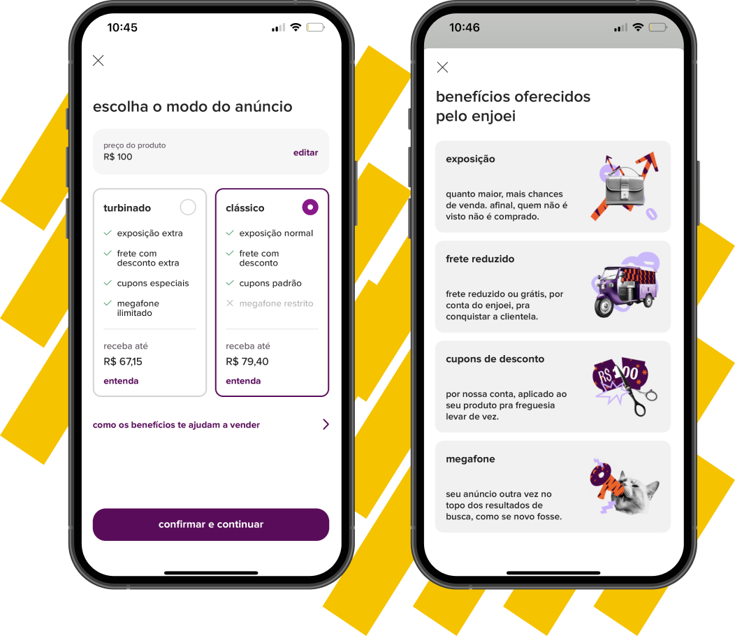 na imagem, há dois prints de tela do app do enjoei demonstrando como selecionar os modos de anúncio. o primeiro print destaca a seleção dos modos, mostrando seus benefícios e valor total de recebimento pela venda, enquanto o segundo mostra os benefícios do enjoei para vendedores, como mais exposição, frete reduzido, cupons de desconto e megafone.
