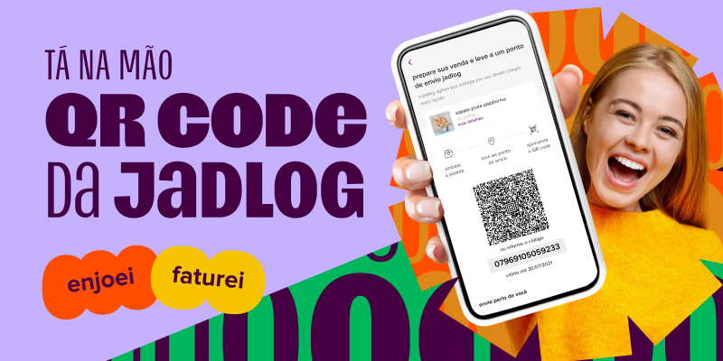 em imagem, banner de cor lilás aparece e traz a frase "tá na mão qr code da jadlog". ao lado direito da página, há a imagem de uma tela de celular mostrando qr code.