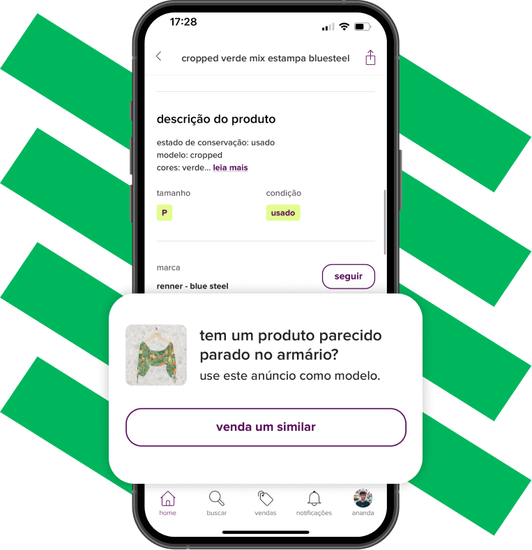 imagem mostra print da tela do aplicativo do enjoei, na página de um produto. em um pop-up, a imagem dá zoom na parte com o texto "tem um produto parecido parado no armário? use este anúncio como modelo. venda um similar."