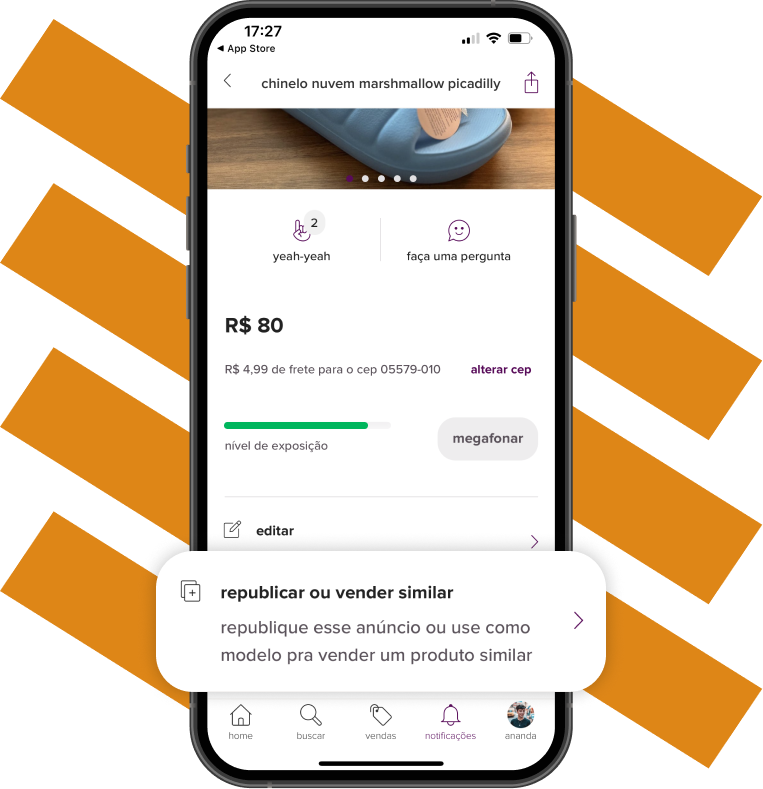 imagem mostra print da tela do aplicativo do enjoei, na página de um produto. em um pop-up, a imagem dá zoom na parte com o texto "republicar ou vender similar. republique esse anúncio ou use como modelo pra vender um produto similar."