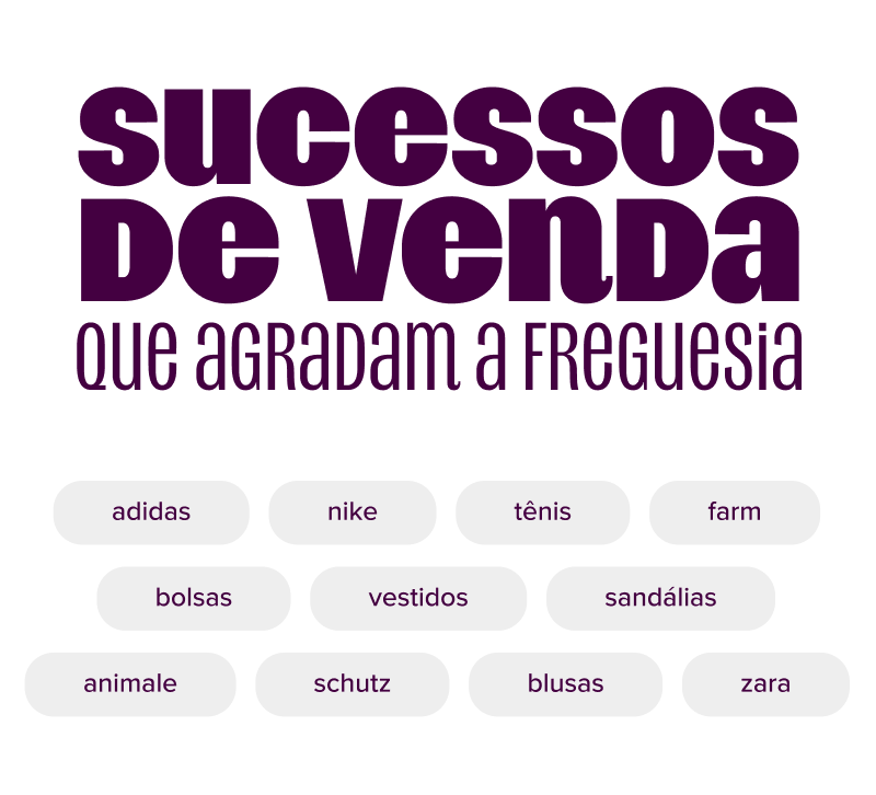 imagem  só com texto. sendo o título: sucessos de venda que agradam a freguesia. abaixo, destaca-se: zara, adidas, tênis, farm, bolsas, nike, vestidos, animale, schutz, blusas, sandálias.