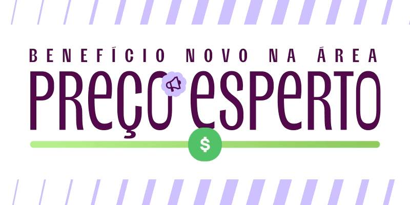 imagem destaca o texto: benefício nova na área, preço esperto. acima de uma barra animada que representa a mudança de valor com o deslocar de um cifrão sobre ela. quando o cifrão está mais à esquerda, a barra fica lilás. mais ao meio, fica verde. mais à direita, fica laranja.