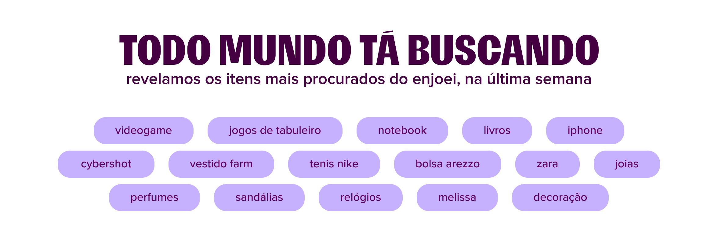 imagem traz o texto: todo mundo tá buscando, revelamos os itens mais buscados no enjoei, na última semana. abaixo, estão as tendências em texto: videogame; jogos de tabuleiro; notebook; livros; iphone; cybershot; vestido farm; tenis nike; bolsa arezzo; zara; joias; perfumes; sandálias; relógios; melissa; decoração