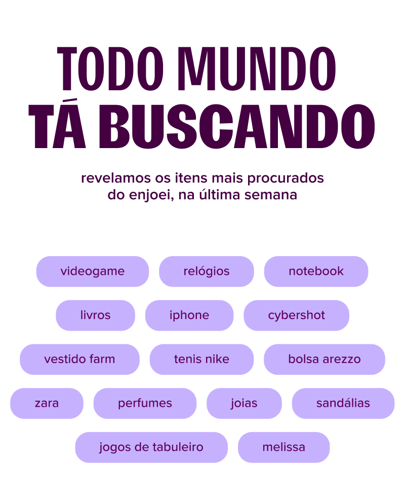 imagem traz o texto: todo mundo tá buscando, revelamos os itens mais buscados no enjoei, na última semana. abaixo, estão as tendências em texto: videogame; jogos de tabuleiro; notebook; livros; iphone; cybershot; vestido farm; tenis nike; bolsa arezzo; zara; joias; perfumes; sandálias; relógios; melissa; decoração