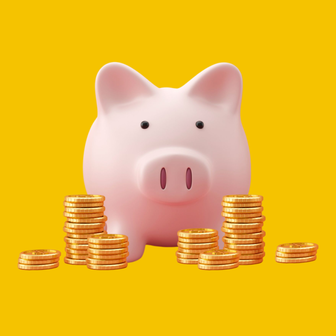 imagem mostra cofrinho de porquinho, rodeado de moedas de ouro.