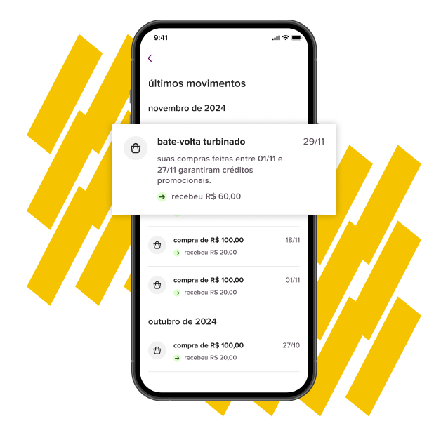 imagem apresenta print da tela do aplicativo do enjoei mostrando como vai aparecer os créditos do bate-volta em dobro, na tela do bate-volta. encontramos, então, que compras feitas entre primeiro de novembro e 26 de novembro garantiram créditos promocionais. no exemplo, são 60 reais de créditos extra, que foram acumulados em 3 porções diferentes de cashback, recebidas em 27 de outubro, primeiro de novembro e 18 de novembro.