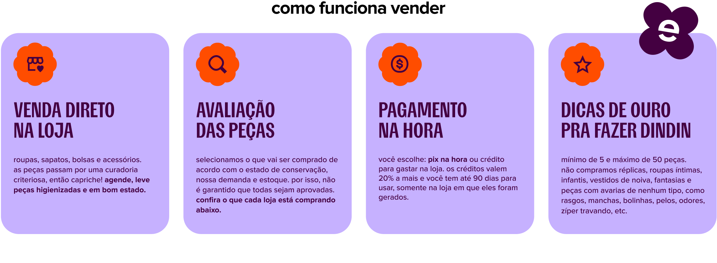 VENDA DIRETO NA LOJA roupas, sapatos, bolsas e acessórios. as peças passam por uma curadoria criteriosa, então capriche! agende, leve peças higienizadas e em bom estado.  AVALIAÇÃO DAS PEÇAS selecionamos o que vai ser comprado de acordo com o estado de conservação, nossa demanda e estoque. por isso, não é garantido que todas sejam aprovadas.  PAGAMENTO NA HORA você escolhe: pix na hora ou crédito para gastar na loja. os créditos valem 20% a mais e você tem até 90 dias para usar, somente na loja em que eles foram gerados.  DICAS DE OURO PRA FAZER DINDIN mínimo de 5 e máximo de 50 peças. não compramos réplicas, roupas íntimas, infantis e peças com avarias de nenhum tipo, como rasgos, manchas, bolinhas, pelos, odores, zíper travando, etc.