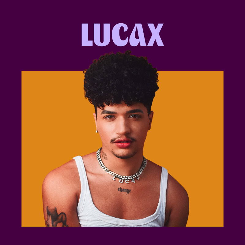 imagem traz foto do lucax junto ao seu nome. lucax veste regata branca e gargantilha de corrente com pingentes que soletram seu nome, tem pele escura, cabelos bem cacheados, uma tatuagem no braço direito e outra, que soletra change em inglês, logo abaixo da gargantilha.