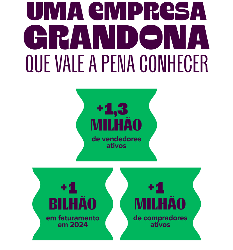 imagem traz o título: uma empresa grandona que vale a pena conhecer. abaixo, apresente 3 grandes números: mais de 1,3 milhão de vendedores ativos, mais de 1 milhão de compradores ativos, mais de 1 bilhão de reais em faturamento em 2024.