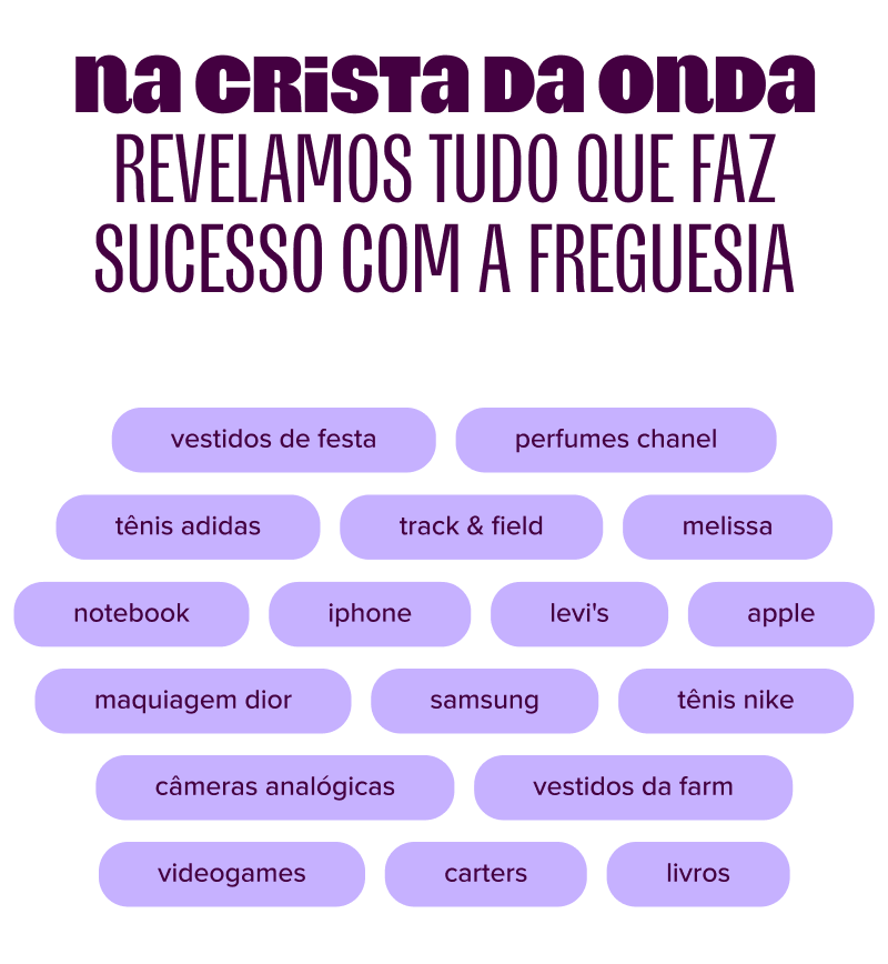 vestidos da farm | vestidos de festa | perfumes chanel | maquiagem dior | tênis adidas | tênis nike | track & field | melissa | carters | levi's | apple | samsung | livros | iphone | notebook | câmeras analógicas | videogames