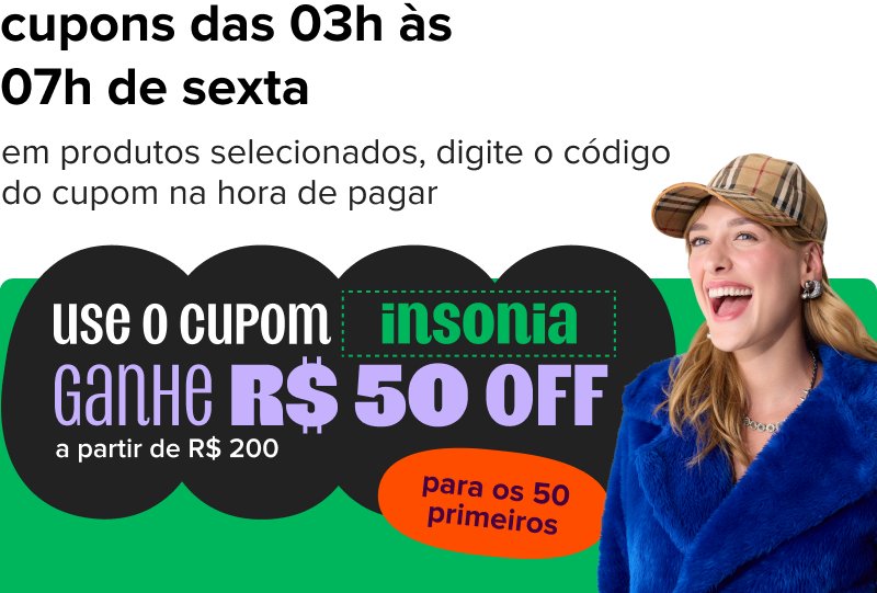 texto da imagem diz: cupons das 3 às 7 da manhã de sexta em produtos selecionados, digite o código madruga na hora de pagar e ganhe 50 reias off a partir de 200 reais, baita cuponzão só para os 50 primeiros. ao lado do texto, tem uma mulher sorrindo, segurando um sapato vermelho perto do rosto.