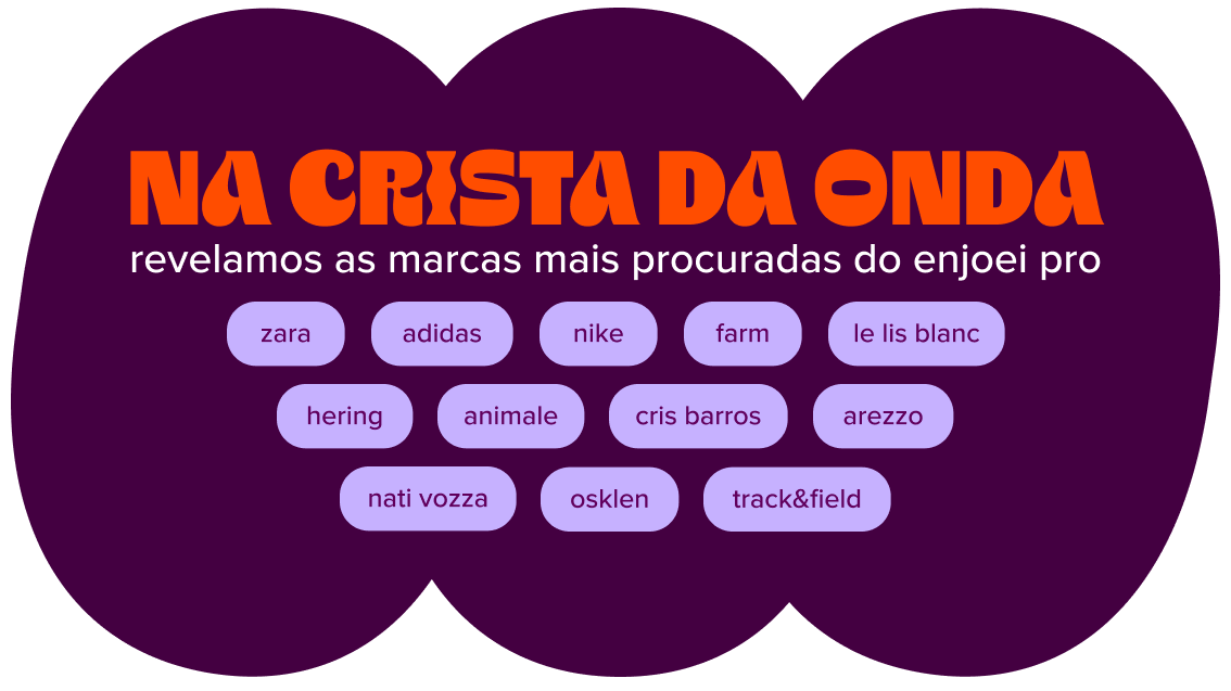 texto: na crista da onda revelamos as marcas mais procuradas do enjoei pro  zara | adidas | nike | farm | le lis blanc | hering | animale | cris barros | arezzo | nati vozza | osklen | track&field