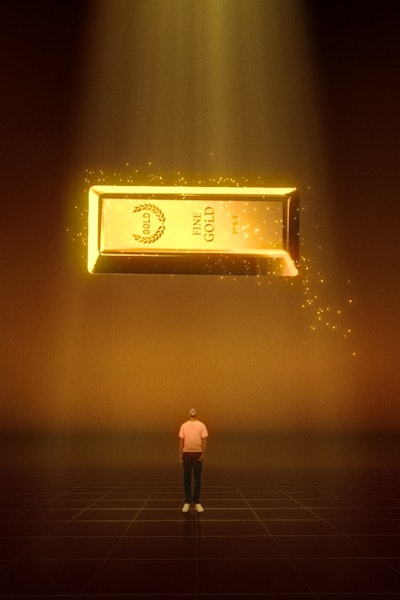 Man standing beneath a giant bar of gold floating above his head
