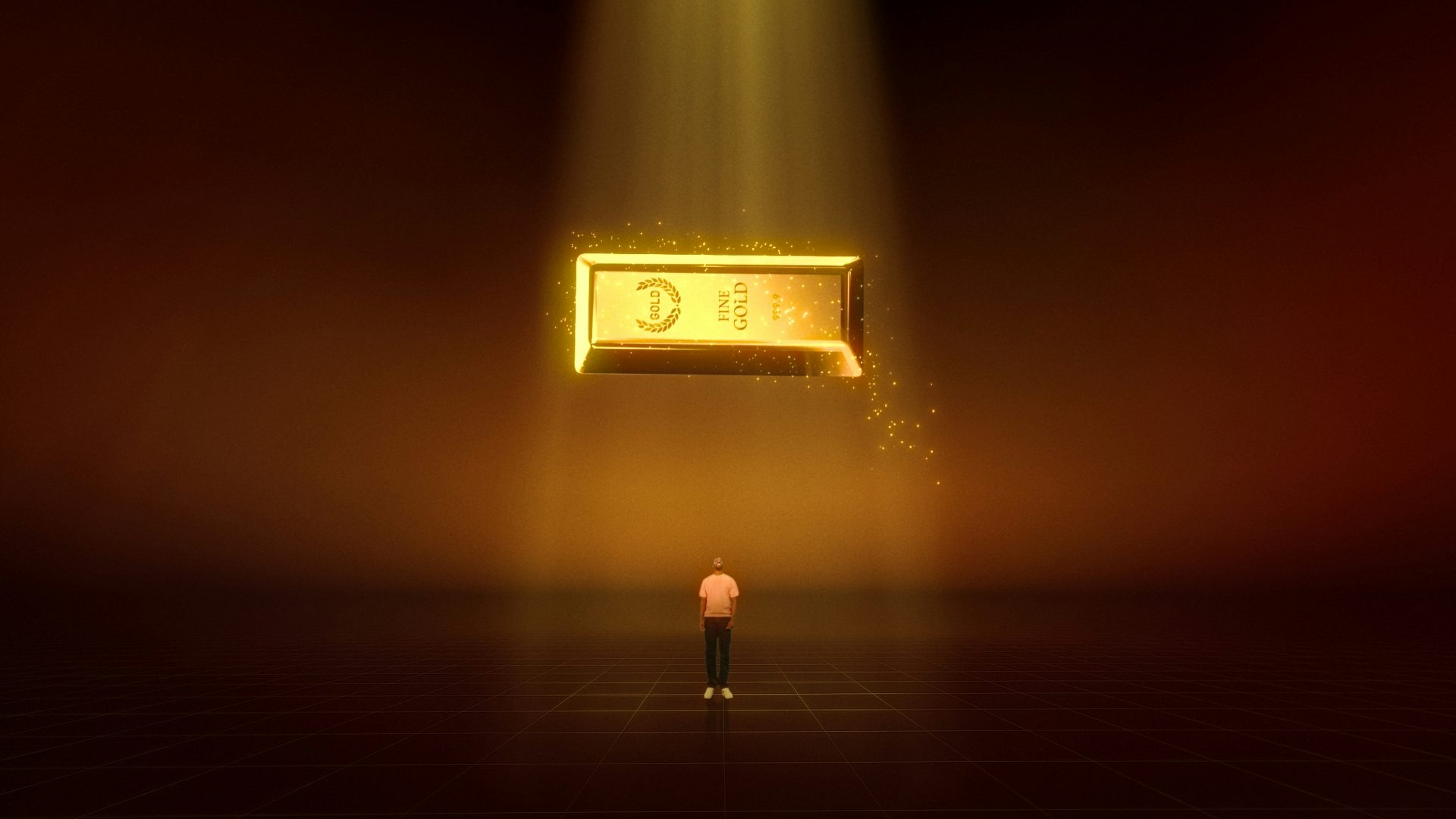 Man standing beneath a giant bar of gold floating above his head