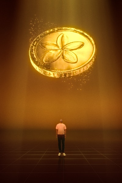 Man standing beneath a giant gold coin floating above his head