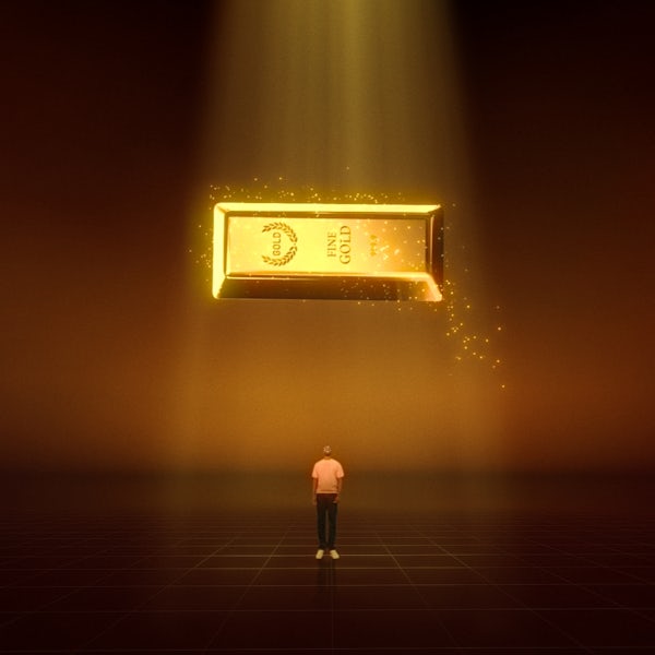 gold bar hovers over man