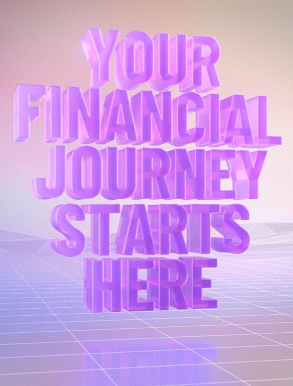Man looks out to sign 'Your financial journey starts here'