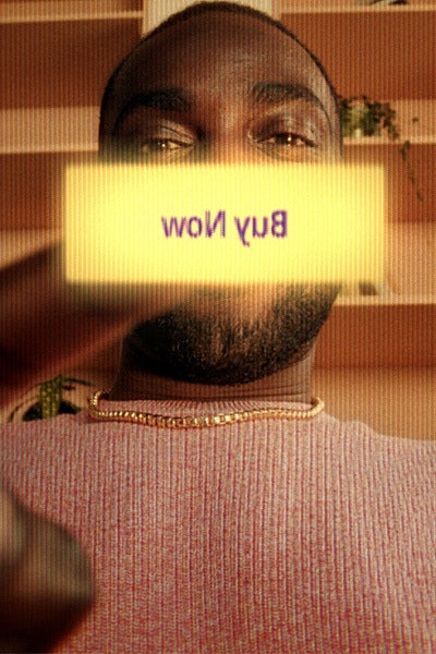 Man infront of a shelve pushing a giant 'buy now' button on his phone screen