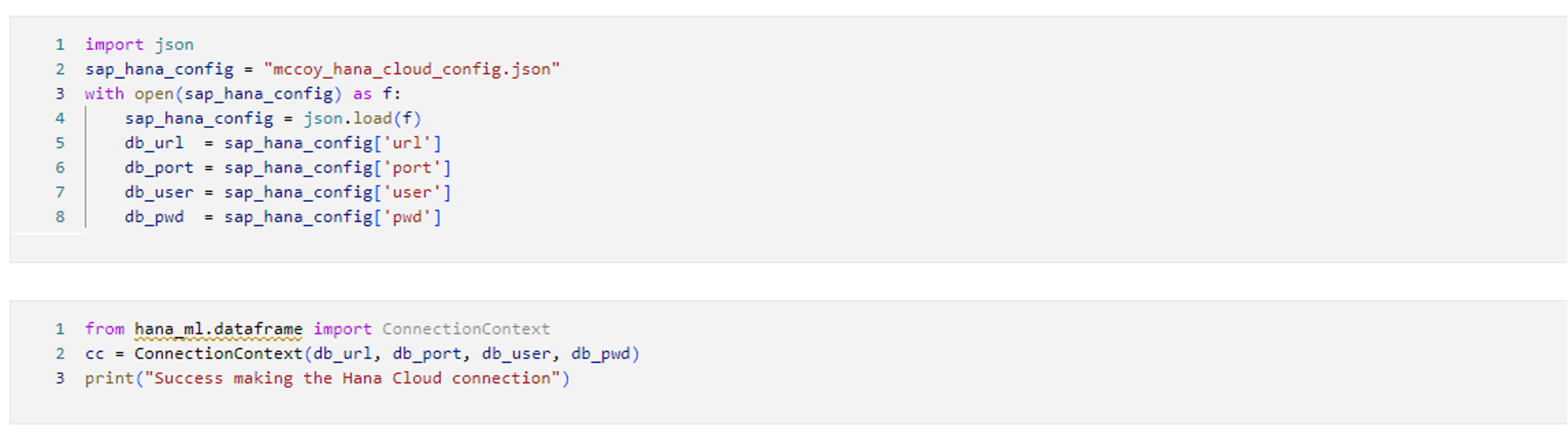 Reading json configuration file and connect to Hana Cloud