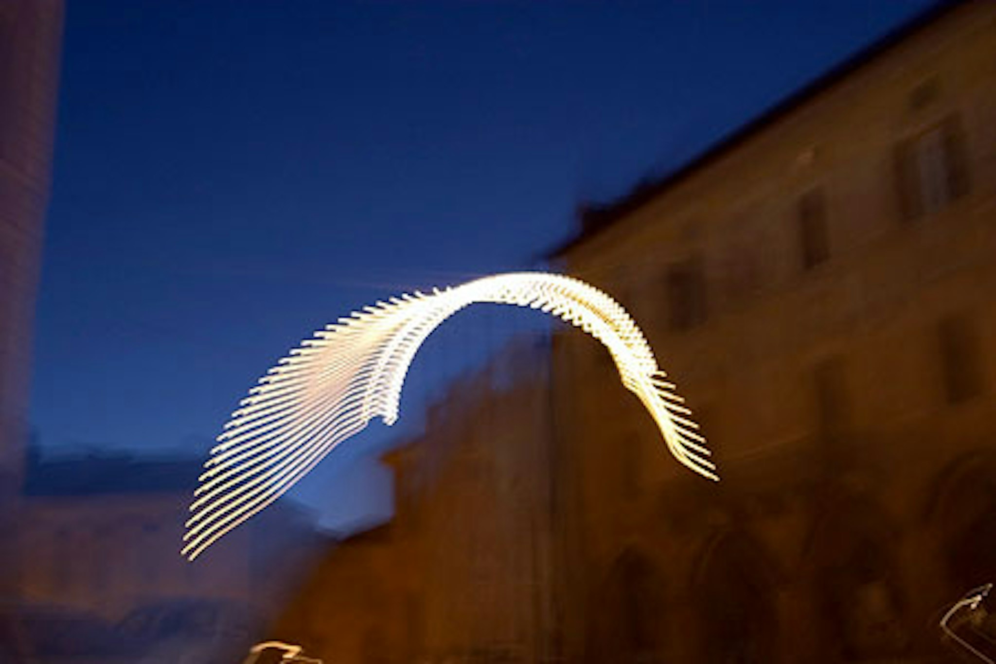 Una foto di notte con la luce della facciata di un edificio che si vede in fondo e una luce che crea un'immagine, forse, a causa del movimento della cinepresa durante l'esposizione.