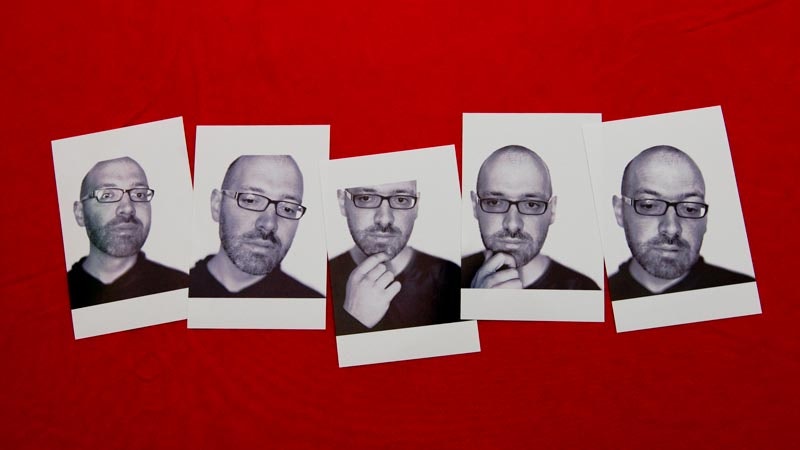 A collage of four different photos featuring the same person with various expressions, backgrounds, and styles.