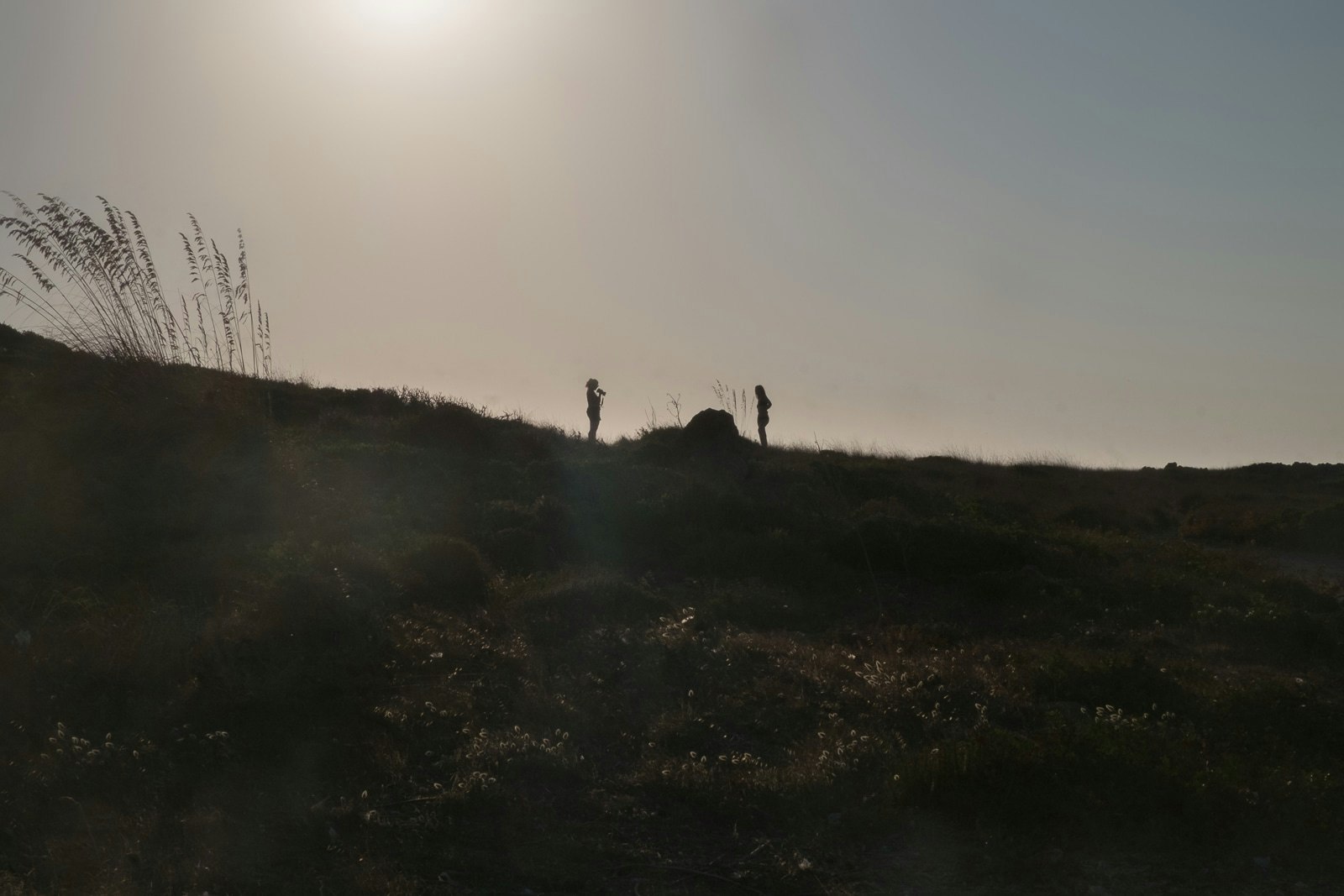 Two people standing on a grassy hill overlooking the water under a cloudless sky.