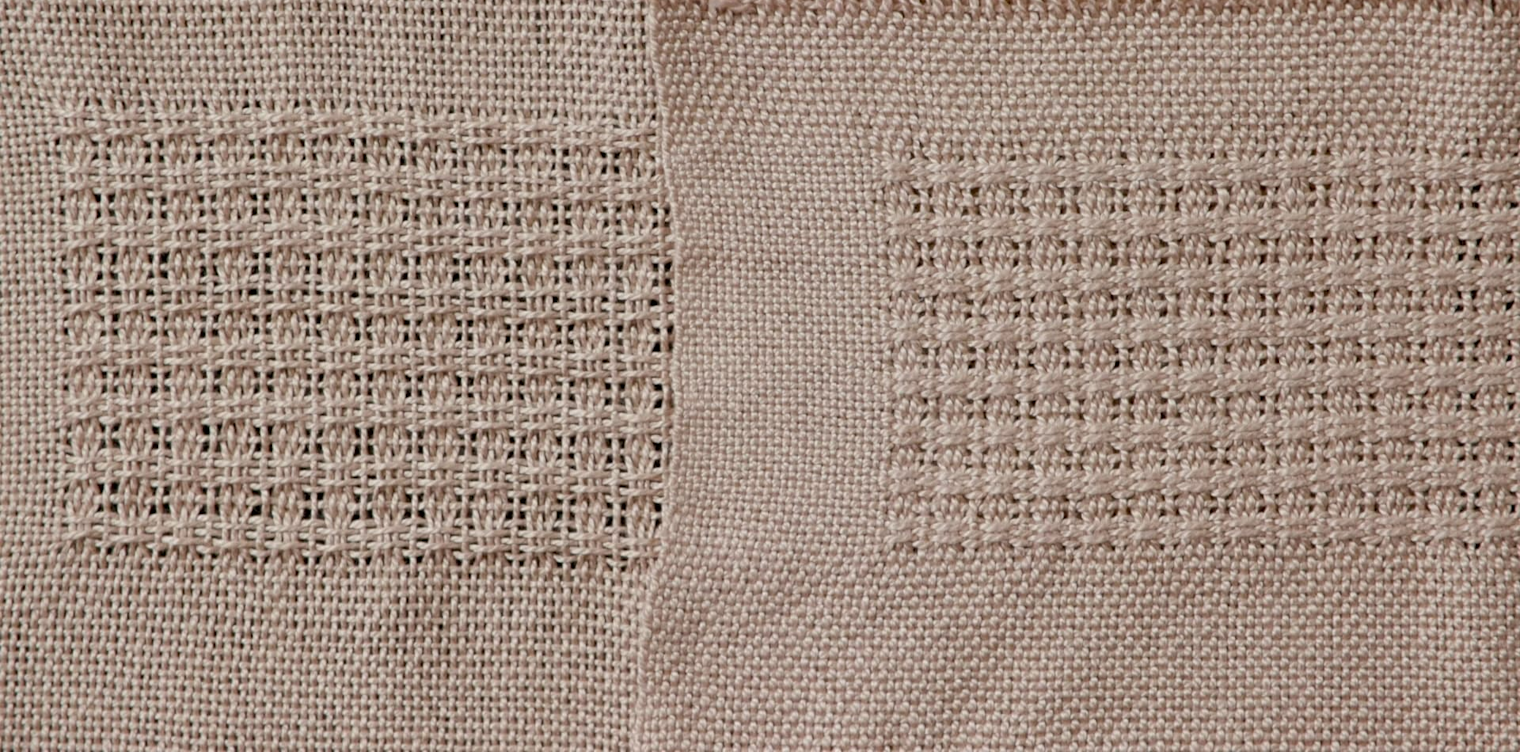 In this example from her huck lace course, Sara Bixler shows the difference between unwashed (left) and washed (right) lace fabric.. 
