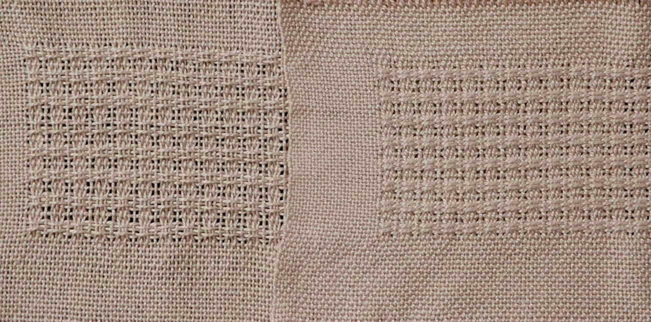 In this example from her huck lace course, Sara Bixler shows the difference between unwashed (left) and washed (right) lace fabric.. 