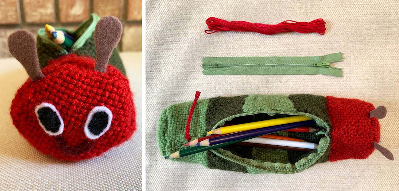  My finished Cute as a Bug Pencil case with adjustments, including a felt smile and pull tab on the zipper. Also shown are the YKK zipper and embroidery thread I used. Photos by Tiffany Warble