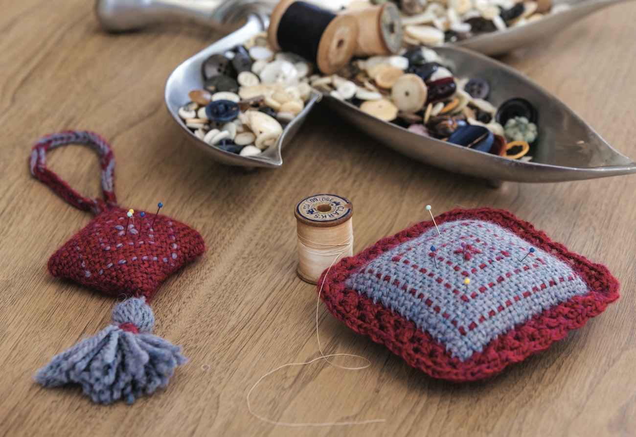 Twice As Nice Pincushion & Scissors Fob by Angela Tong. Photo by Joe Coca