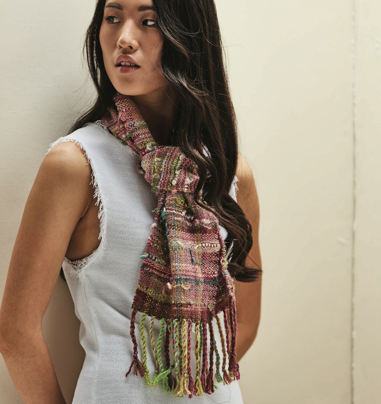 Pretty in Pink Handspun Scarf by Sally Papin. Photo by George Boe