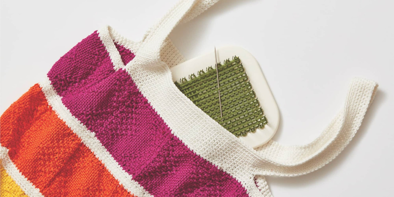 Pin looms like the 4" x 4" one shown here in Deborah Bagley's Which Way Market Bag (Easy Weaving with Little Looms 2018) are great on the go. Photo credit: George Boe