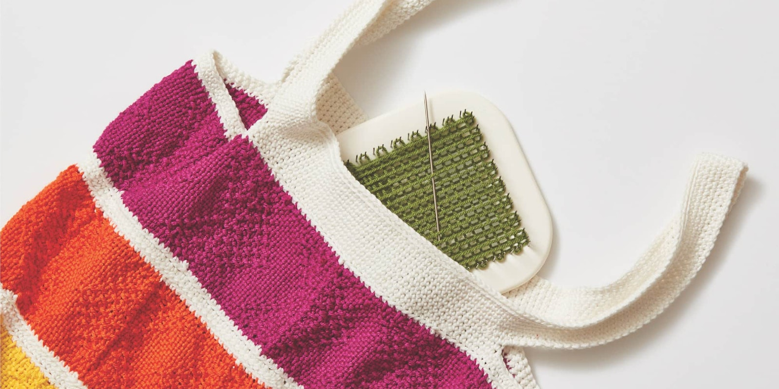 Pin looms like the 4" x 4" one shown here in Deborah Bagley's Which Way Market Bag (Easy Weaving with Little Looms 2018) are great on the go. Photo credit: George Boe