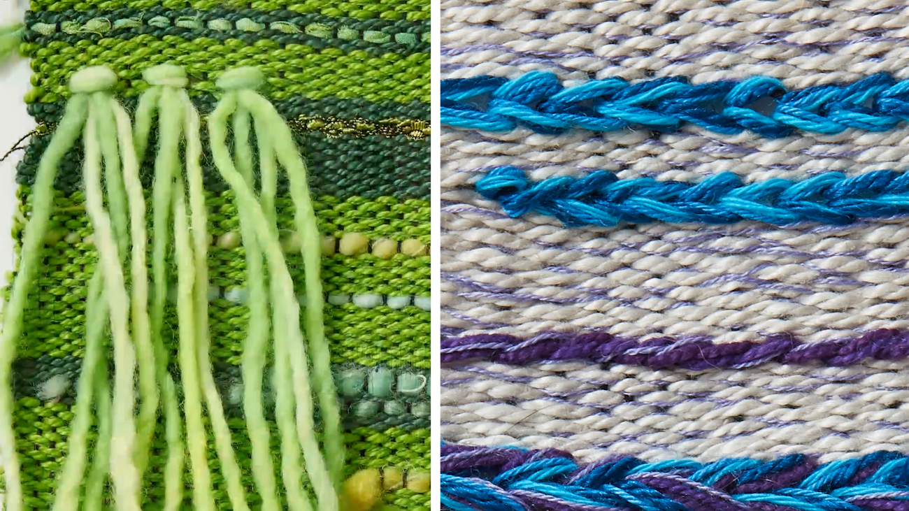 Rya knots (left) and soumak (right) are fun and easy tapestry techniques that you can also do on the rigid-heddle loom. Photos from video course, Expressive Weaving on a Rigid-Heddle Loom
