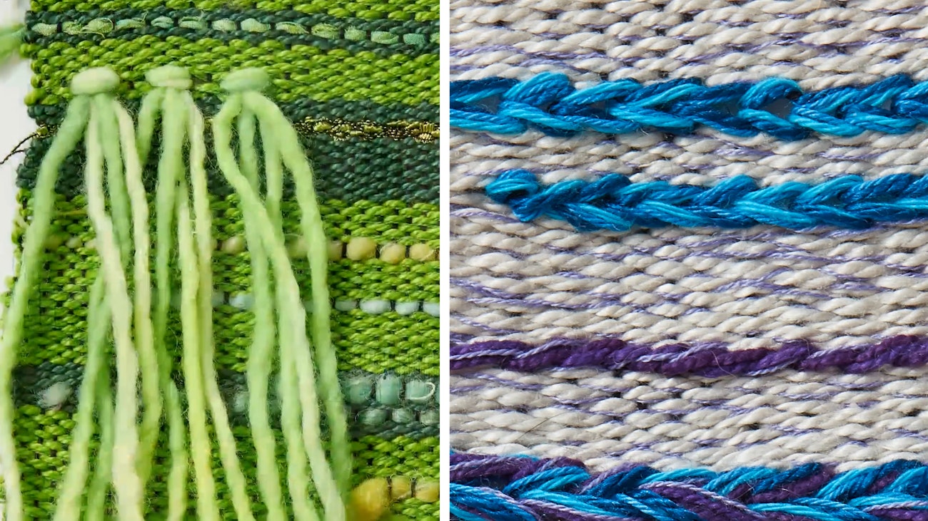 Rya knots (left) and soumak (right) are fun and easy tapestry techniques that you can also do on the rigid-heddle loom. Photos from video course, Expressive Weaving on a Rigid-Heddle Loom