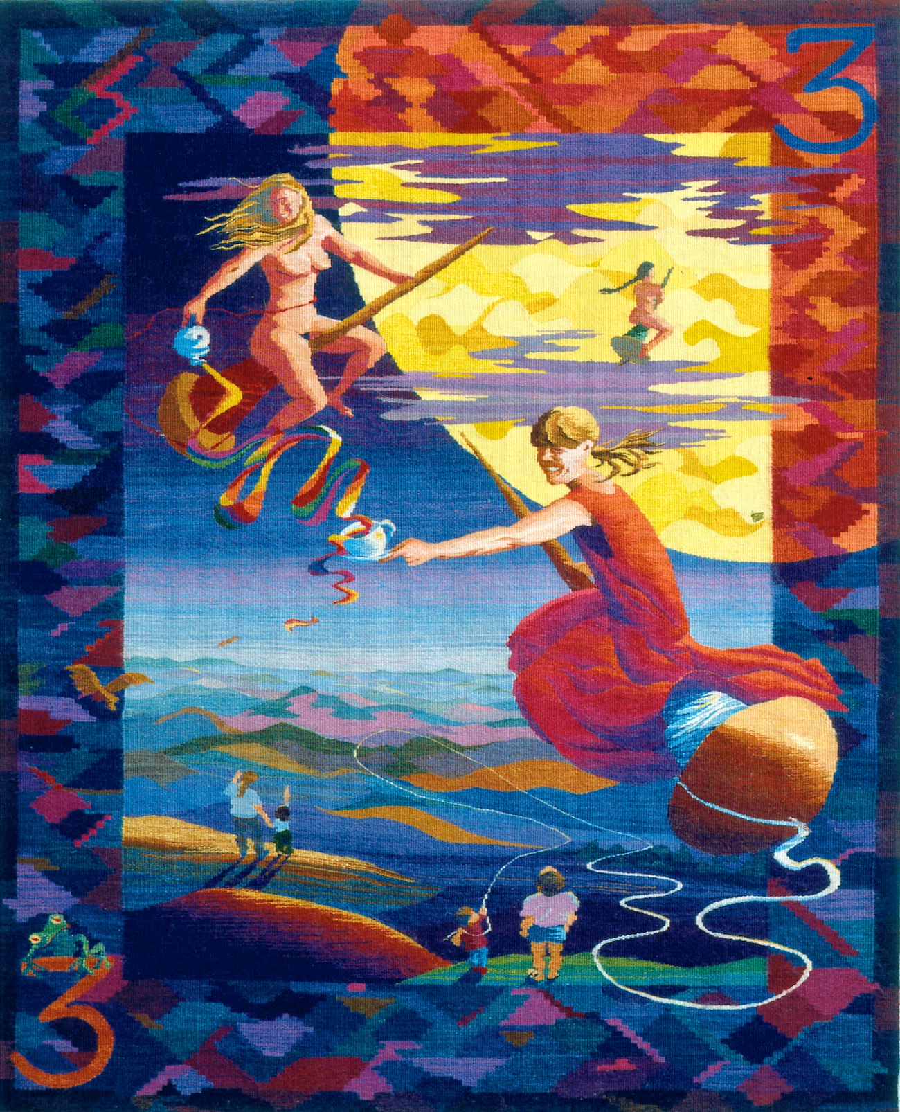 Tapestry, mainly red and blue, with three women riding spindles like broomsticks
