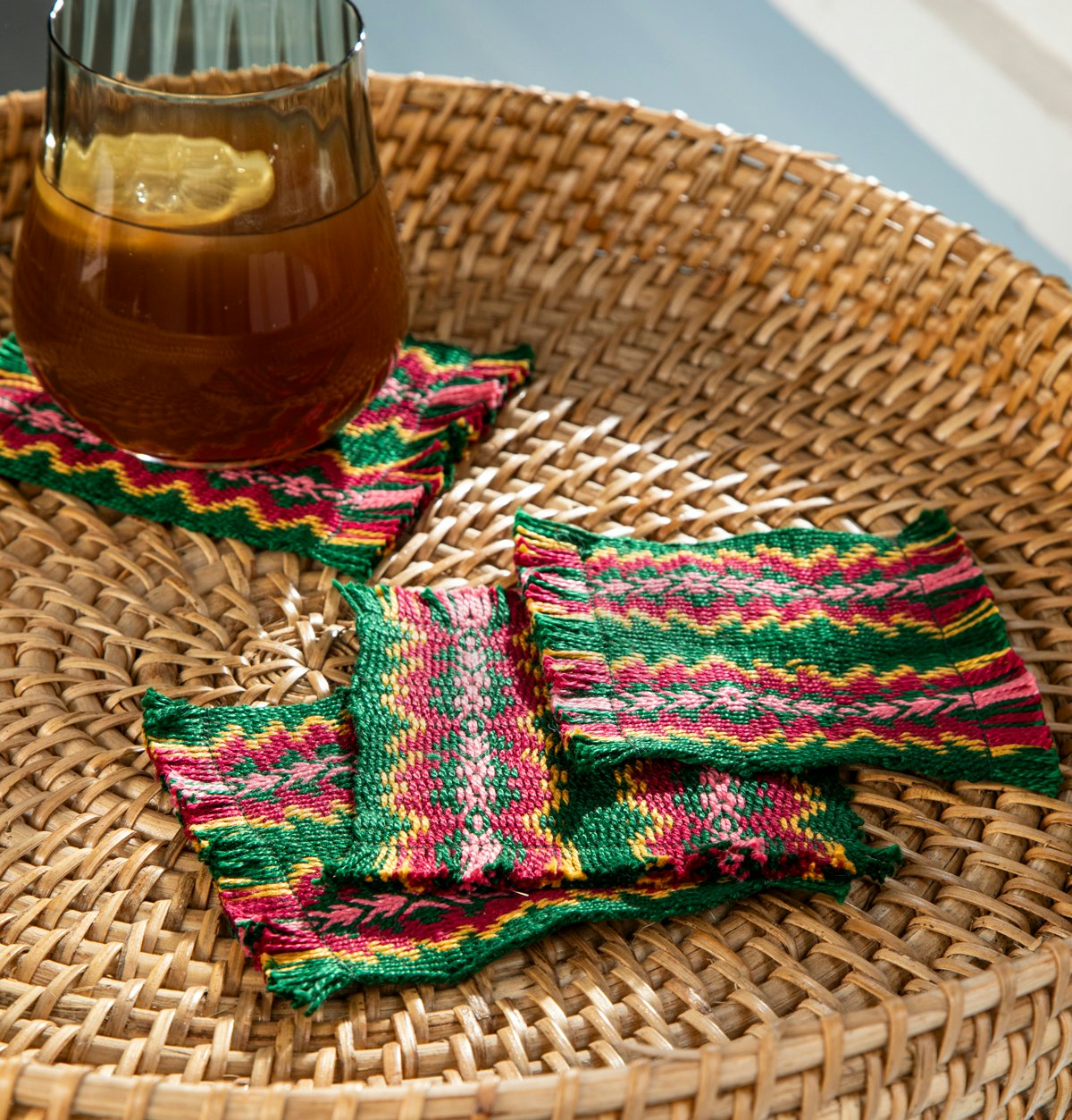Believe it or not, Designer Deb Essen wove her fun and functional Mug Rugs with a Twist on a rigid-heddle loom.