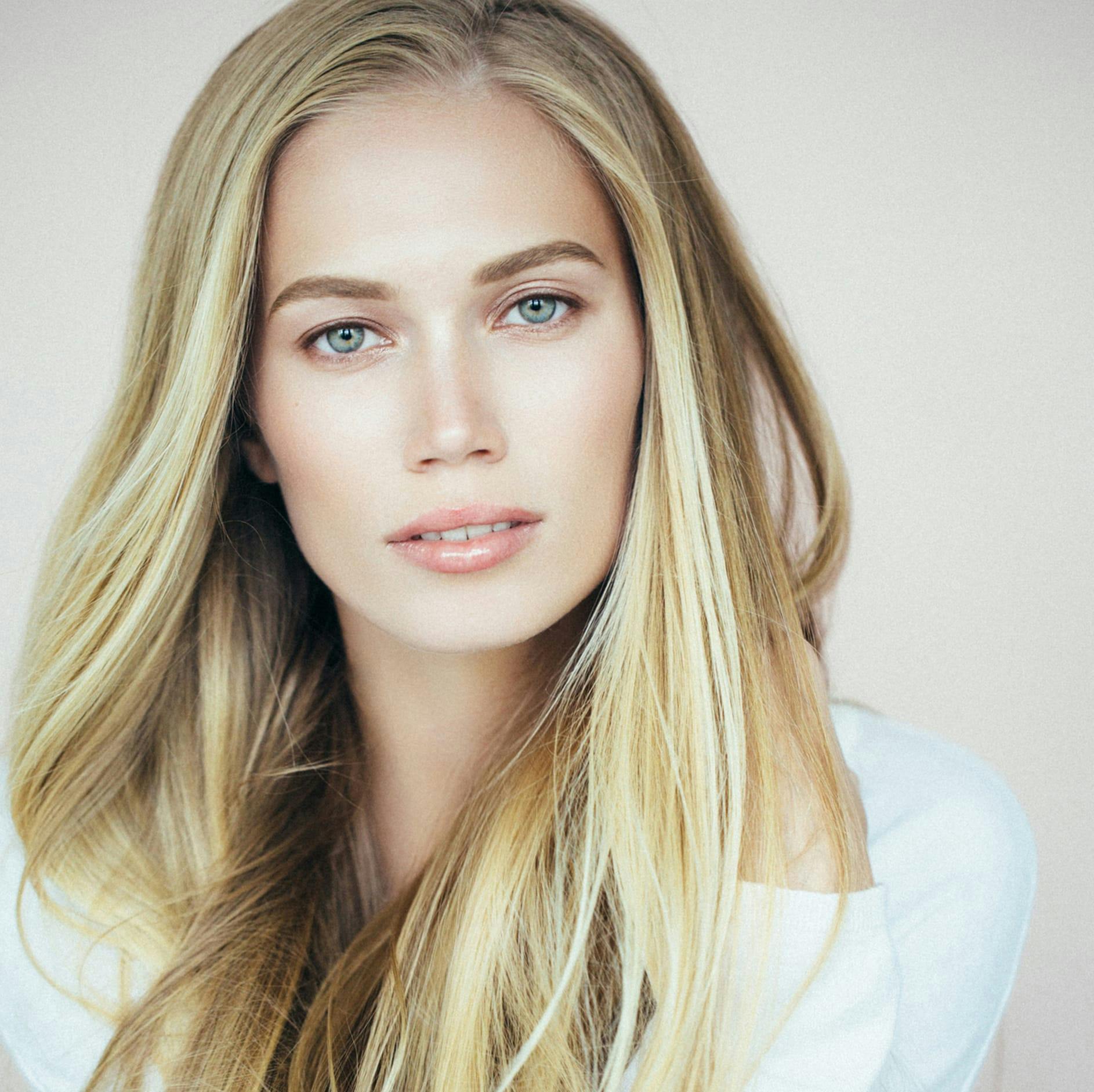 Blonde woman with blue eyes