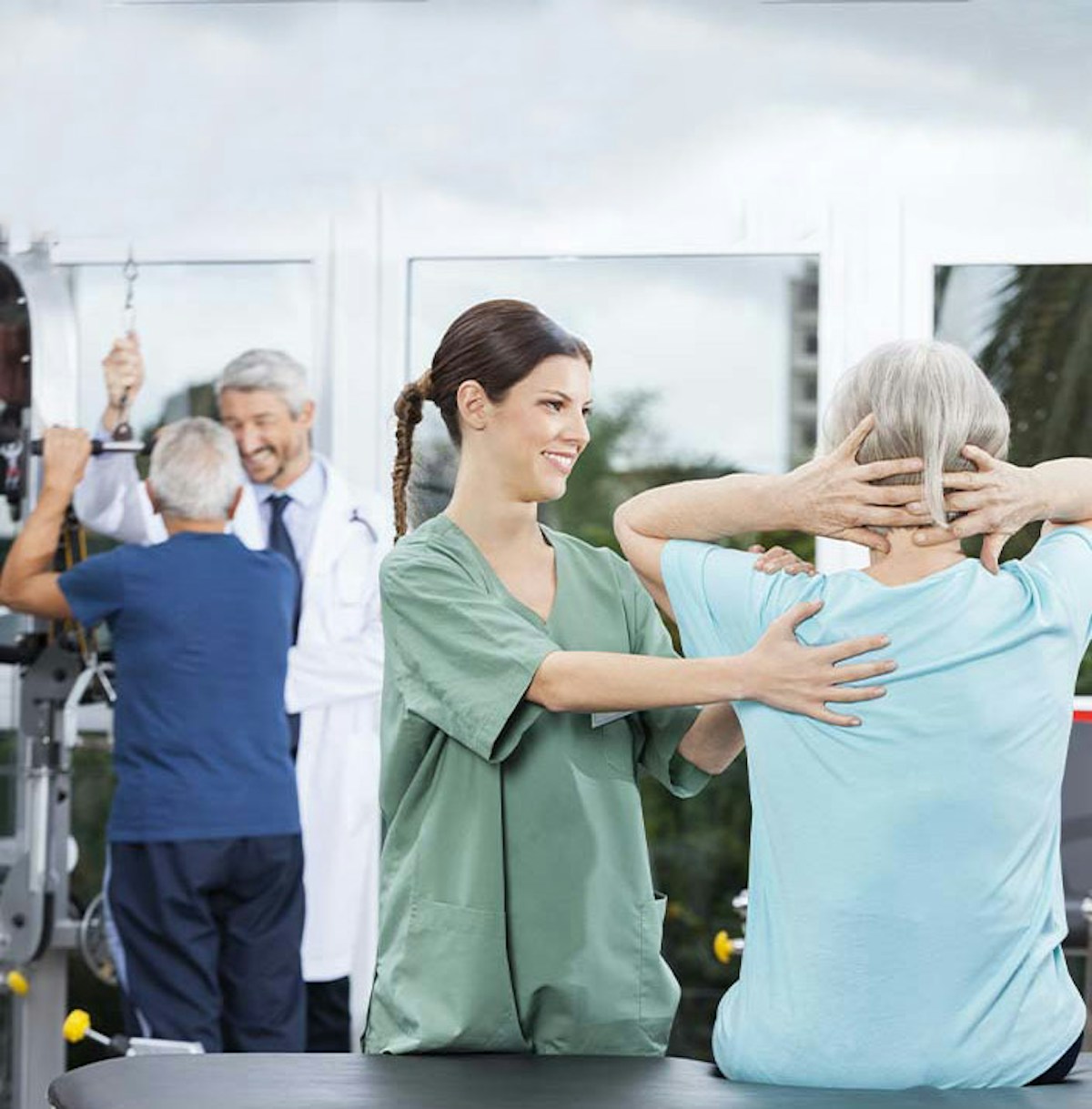 Woman helping elderly lady