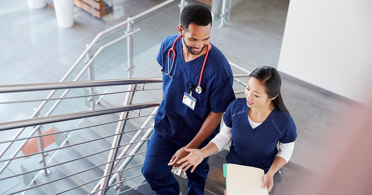 Allied health assistants walking up the stairs