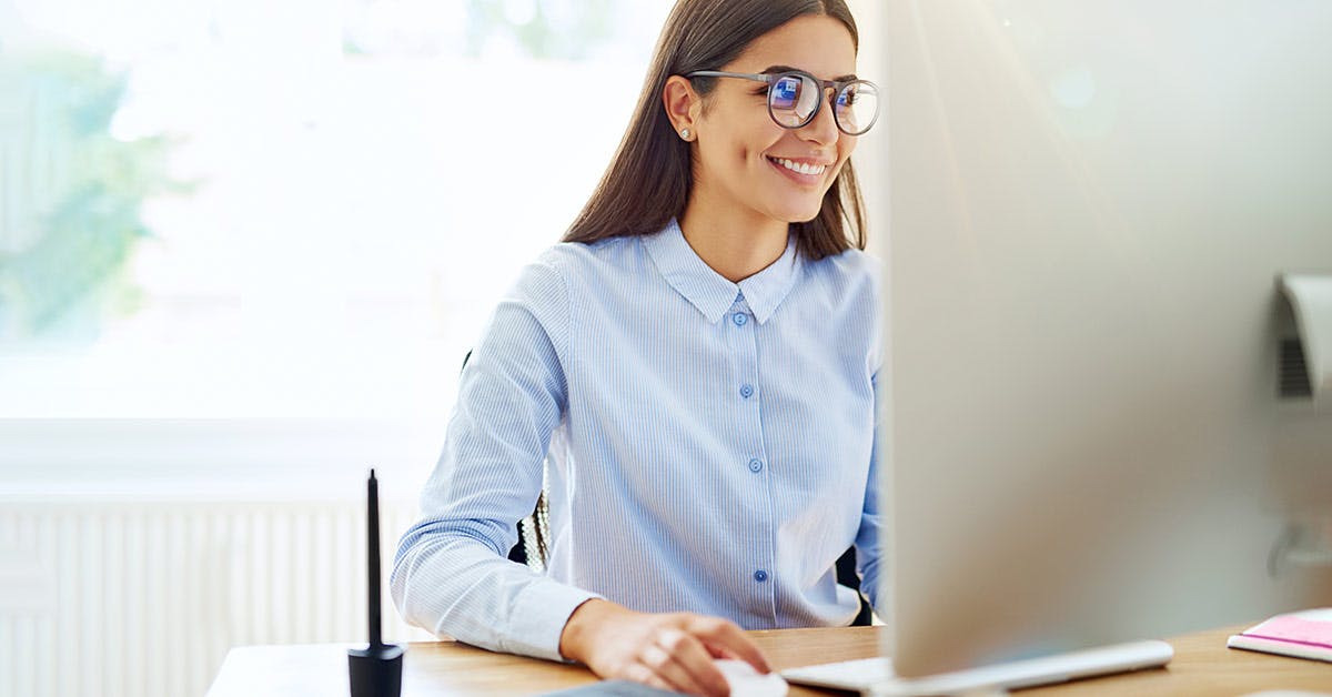 woman views computer