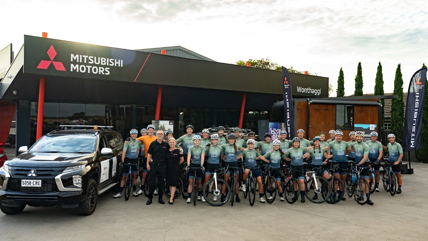 ride for relief charity cycling event riders at mitsubishi motors in wonthaggi