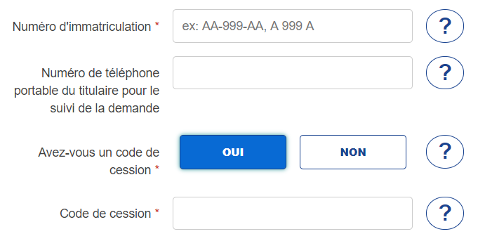 Sur le site de l'ANTS, pour demander une nouvelle carte grise, vous devez indiquer si vous connaissez ou non le code de cession du vendeur.