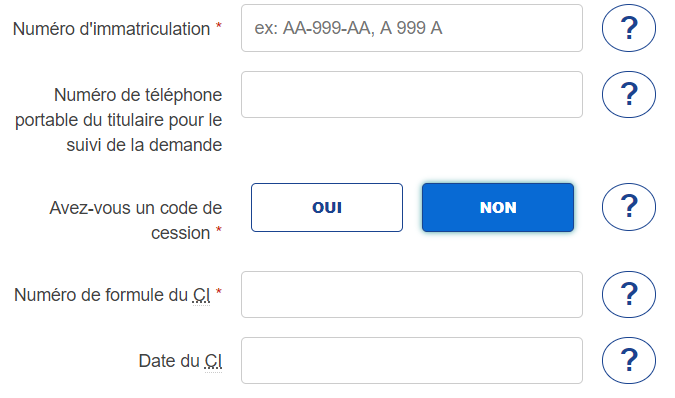 Sur le site de l'ANTS, pour demander une nouvelle carte grise, vous devez indiquer si vous connaissez ou non le code de cession du vendeur.