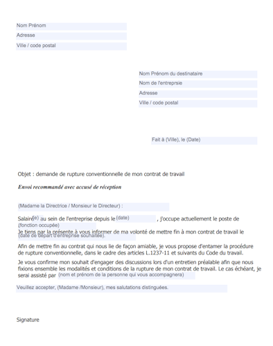 Modèle de lettre  rupture conventionnelle à l'initiative du salarié  Ekie