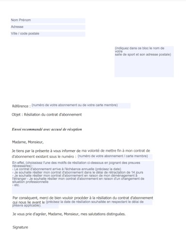 modèle de lettre de résiliation d'abonnement en salle de sport