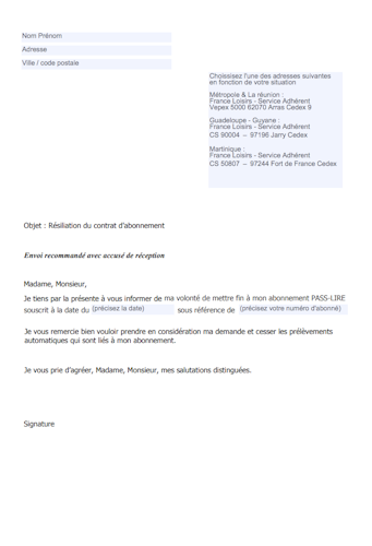 Modèle de lettre de résiliation abonnement France Loisirs 